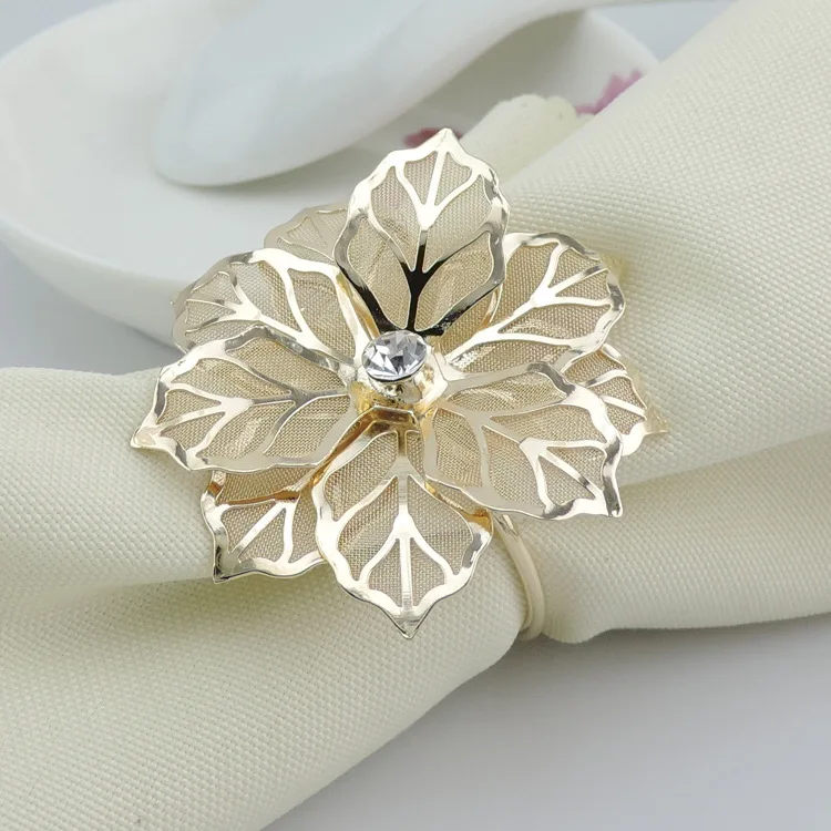 

Wholesale 50pc New Diamond Golden Leaf Napkin Ring Serviette Holder Wedding Banquet Dinner Decor Favor Napkin buckle