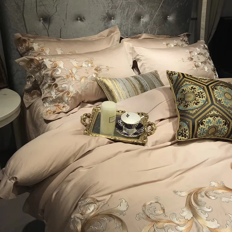 Pink 100S Egyptian Cotton Luxury Royal Embroidery Bedding Set 4/6pcs King Queen Wedding Bed Sheet Cover set Duvet golden | Дом и сад
