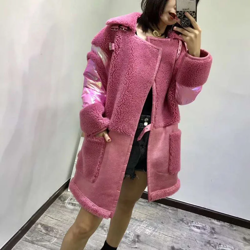 Модное роскошное пальто с овечьим мехом, новинка, Женская Зимняя шерстяная куртка, мотоциклетная Меховая куртка, пэтчворк, 90% белый утиный пух, длинная куртка