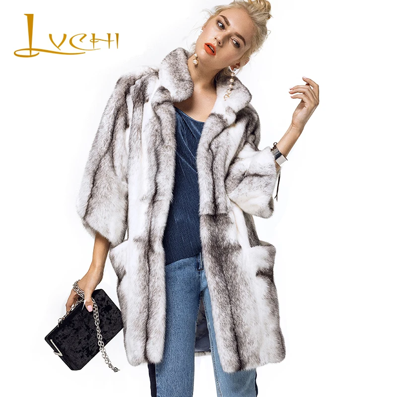 Женская норковая шуба LVCHI зимняя из Копенгагена с импортным перекрестным мехом