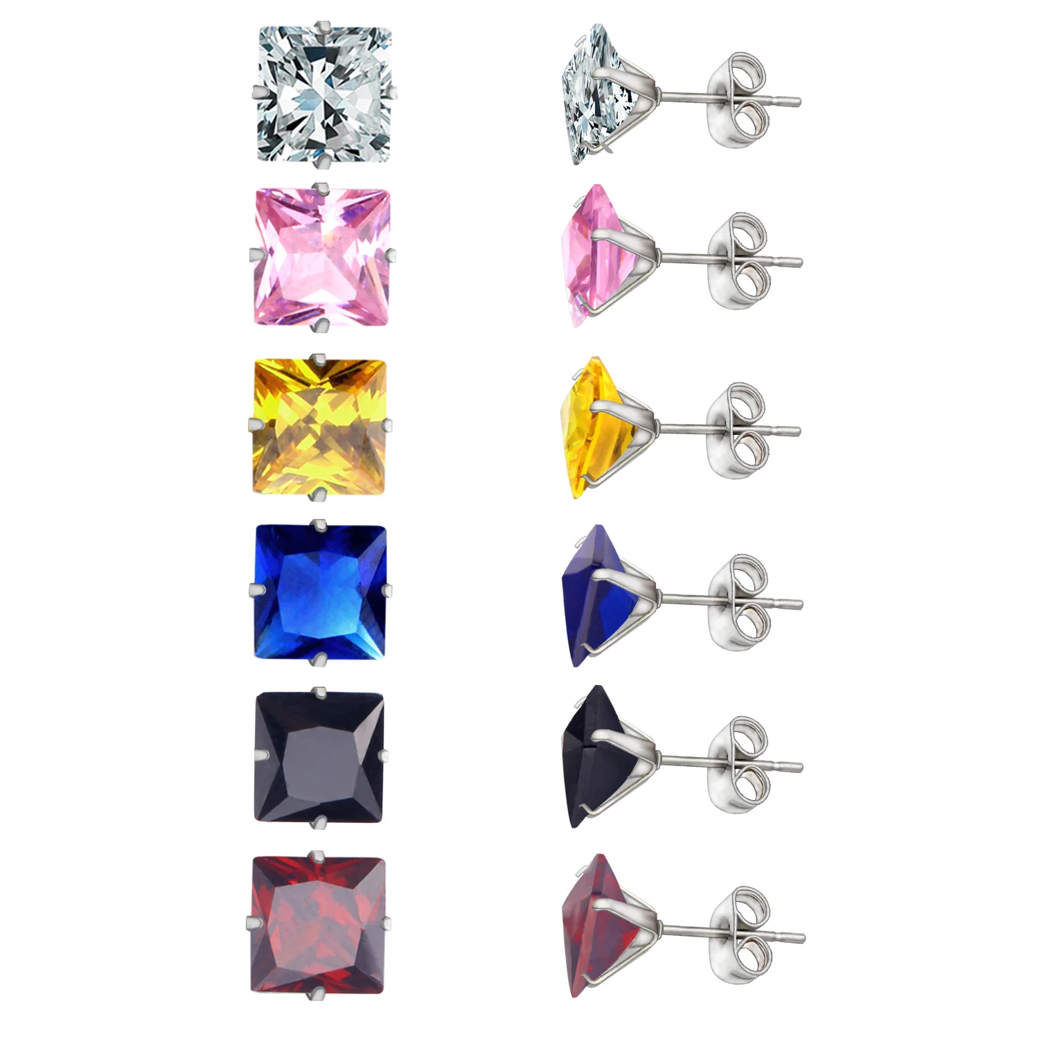 Серьги-гвоздики LUXUKISSKIDS 6 пар/кор. CZ из нержавеющей стали квадратный Пирсинг 3/5/7 мм