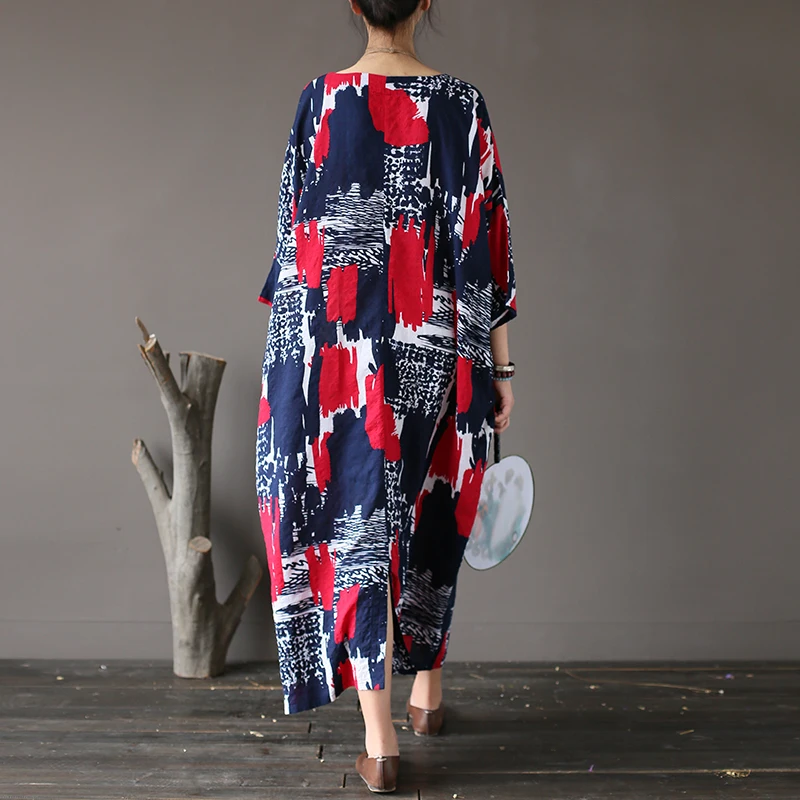 Yesno js4 Для женщин Свободные Длинные Printed Shift Dress Повседневное 100% хлопок кимоно с