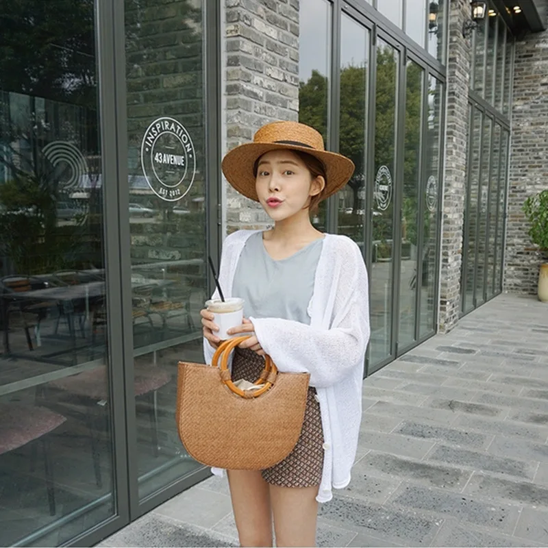 2017 New Korea Ring Wooden Handle Handbag Half Moon Woven Straw Beach Bag For Women European And American Style | Багаж и сумки
