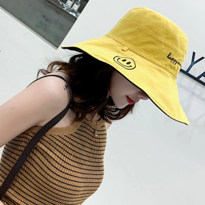 YELLOW BLACK Стильная и Повседневная Двусторонняя Рыбацкая шляпа женская модная трендовая смайлик и алфавит вышивка наружная солнцезащитная Кепка - Цвет: YELLOW BLACK