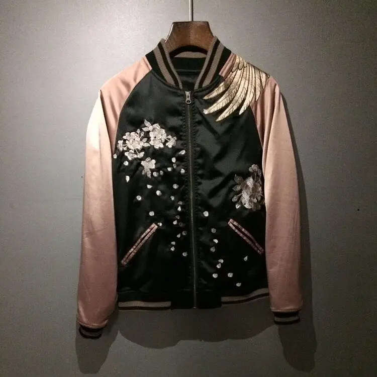 Womens Unisex Japanese Embroidered Sukajan Souvenir Flight Jacket Bomber Birds Coat Chic Outwear Slim Fit A696 | Женская одежда