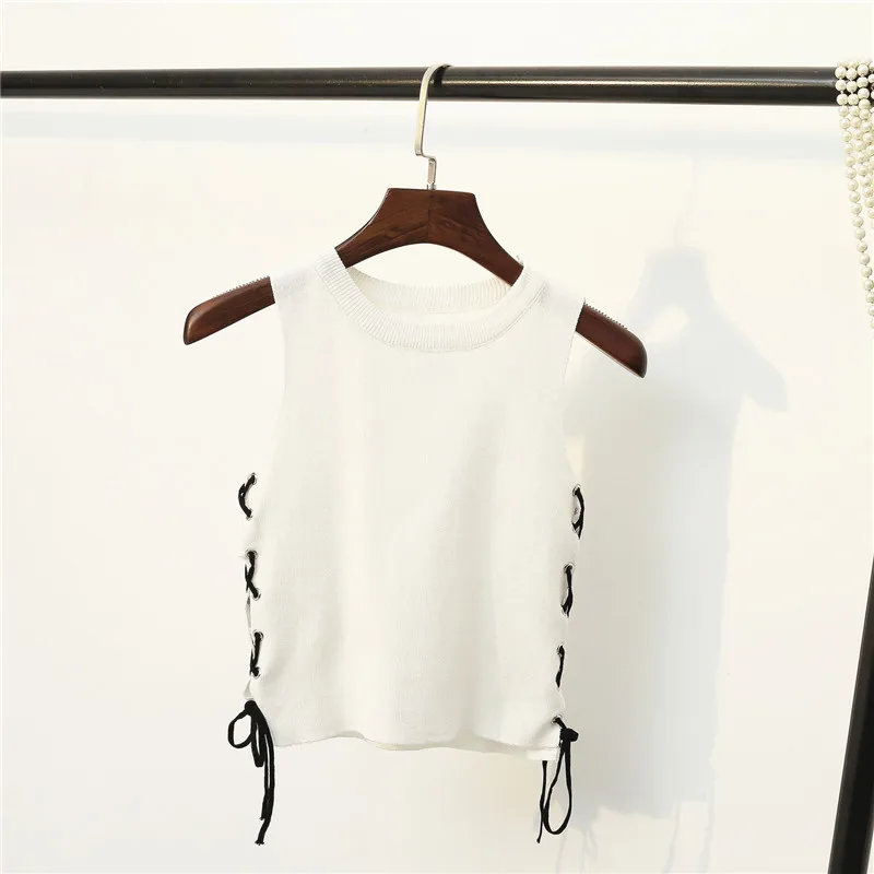 Женская футболка на шнуровке повседневная трикотажная без рукавов с круглым