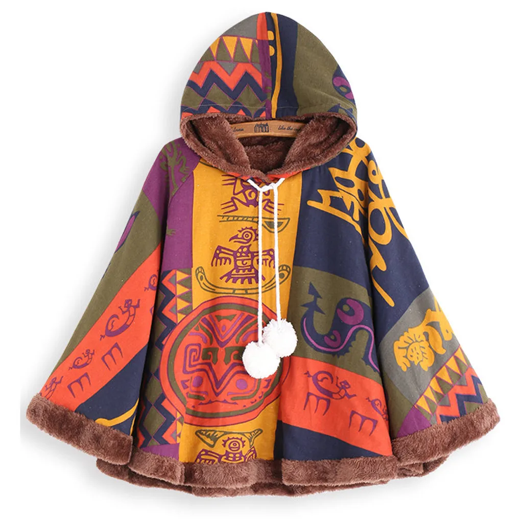 FREE OSTRICH Winter Coat Women Warm Vintage Print Ethnic Jacket Femmes Hooded Outerwear Drawstring Pom Poncho Coat