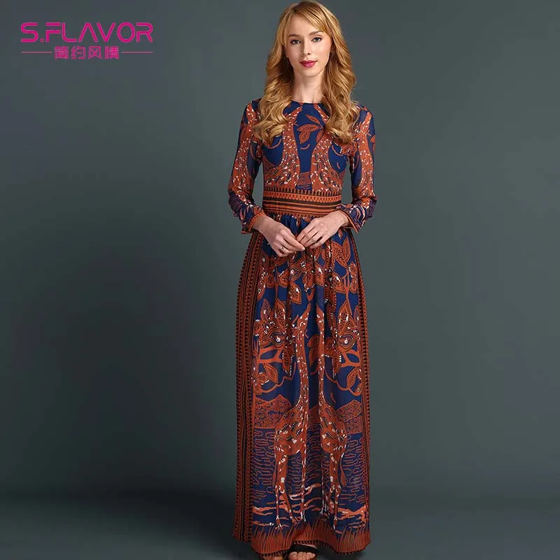 Женское длинное платье S. FLAVOR шифоновое макси с длинным рукавом и принтом на лето