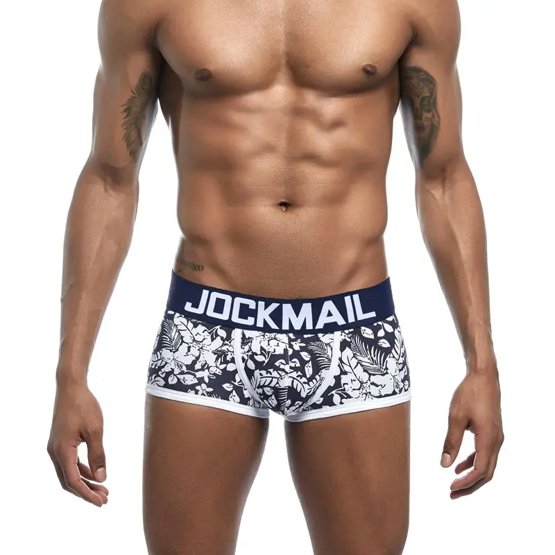 Бренд JOCKMAIL, мужские боксеры, хлопковое сексуальное мужское нижнее белье, боксеры с u-образной выпуклой сумкой, трусы с принтом листьев, Сетчатое дышащее нижнее белье для геев