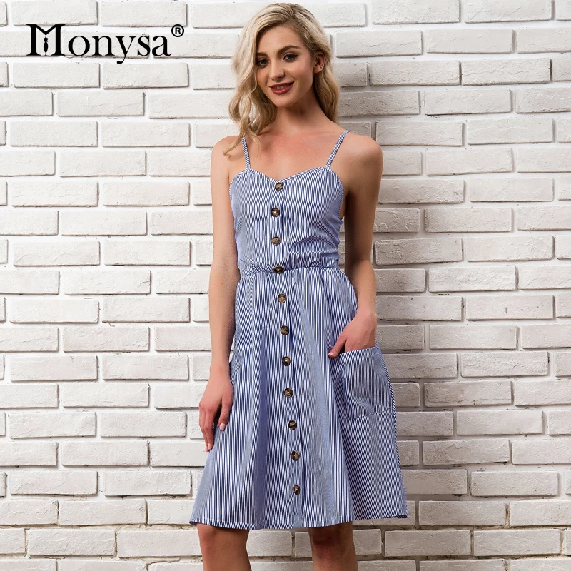 Повседневное полосатые платья для Для женщин Летние Новые 2018 рукавов Спагетти