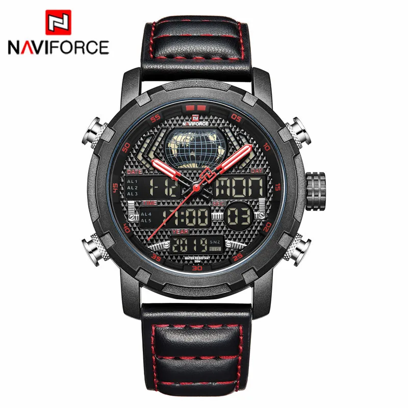 Black Red NAVIFORCE Лидирующий бренд часы для мужчин модные светодиодный цифровой Кварцевые спортивные часы для мужчин кожа водонепроница - Цвет: Black Red