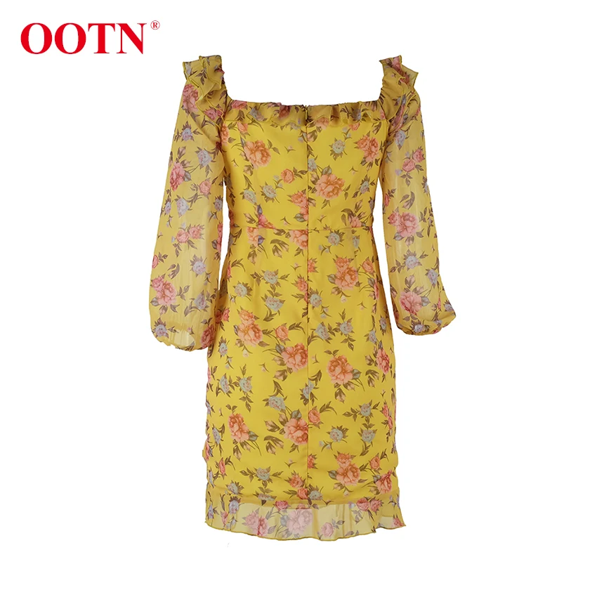 OOTN летнее женское платье с оборками и открытыми плечами на шнуровке с желтым цветочным принтом, весенние повседневные шифоновые мини-платья с длинным рукавом для девушек