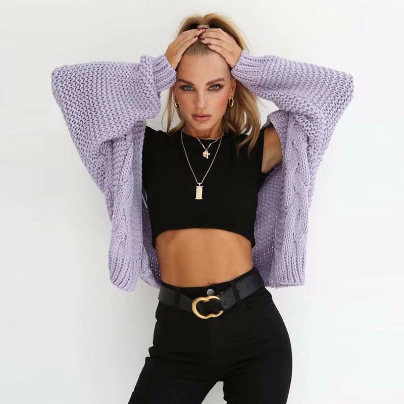

Spring Autumn Pink Coarse Knitted Sweater Women All-match Twist Loose Knitted Cardigan Coat Casual Long Sleeve Winter Jacket