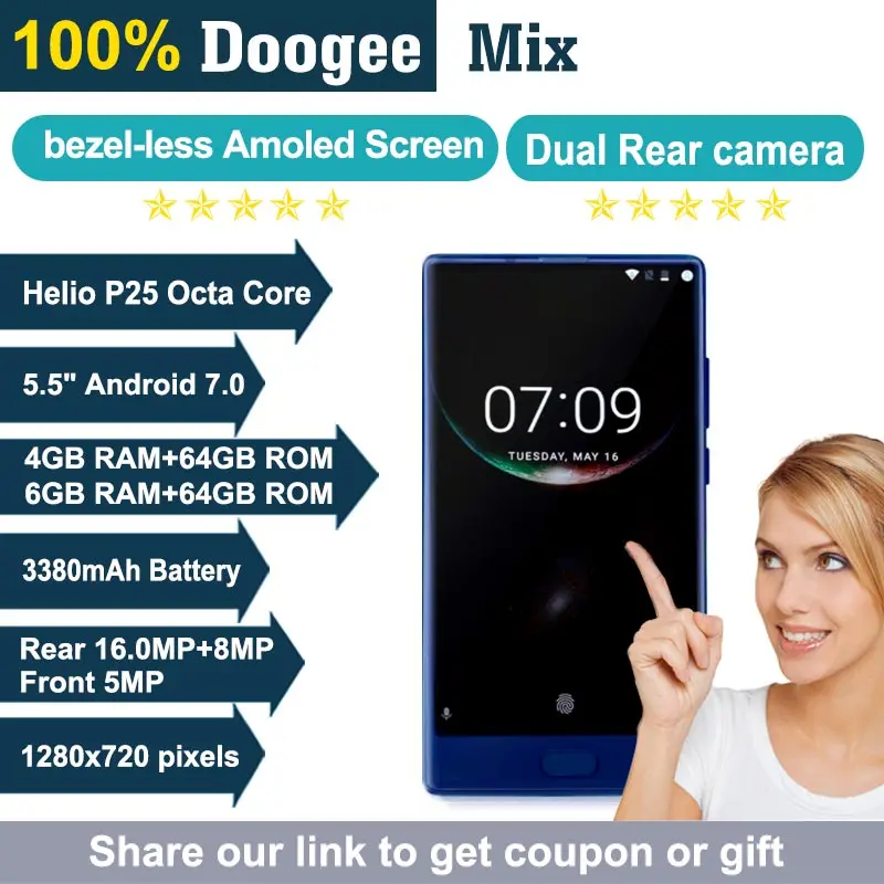2017 Doogee MIX 4 г Phablet 5 дюймов Android 7 0 Helio P25 Octa Core 2 ГГц 6 ГБ Оперативная память 64