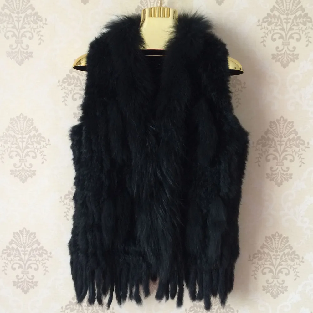women real rabbit fur vest with raccoon collar 5 stars pattern winter female knitted waistcoat wholesale | Женская одежда