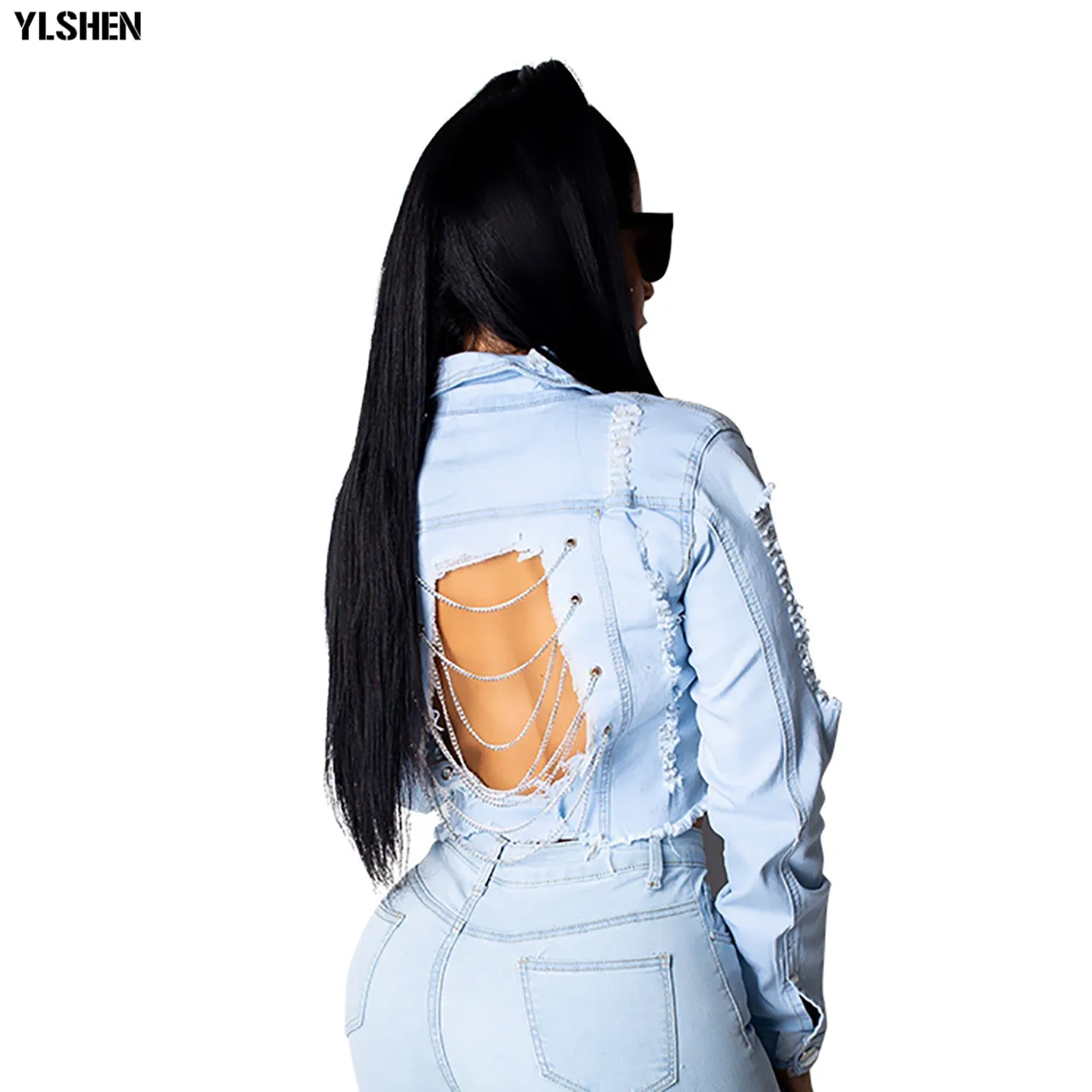 Only Blue Jacket Комплект из 2 предметов размера плюс, женская сексуальная цепочка на ремешке из джинсовой ткани, костюм с дырками, спортивный костюм, повседневный Джинсовый укороченный Топ с длинным рукавом и шорты - Цвет: Only Blue Jacket