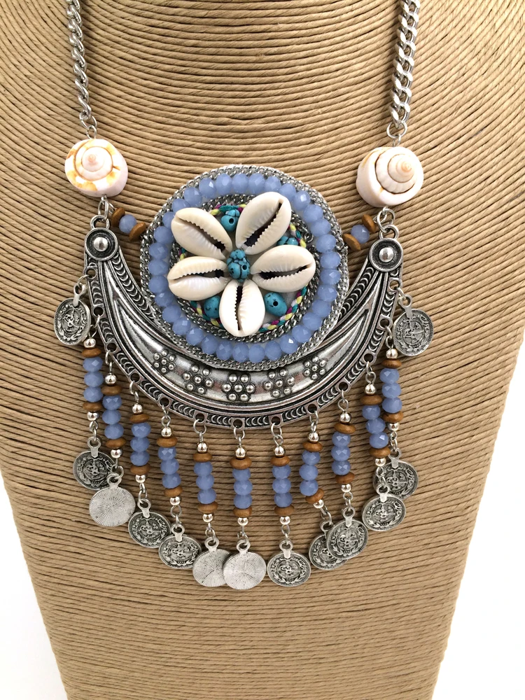 ?? ヴィンテージチベット手作りビーズチェーンネックレスフラワークリスタルペンダント自由奔放に生きるスタイルコリアーファムステートメントネックレス夏スタイル
