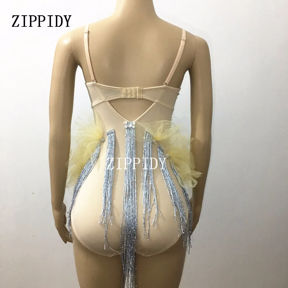 Sparkly Crystals Nude Tassel Bodysuit Chains Outfit Nightclub Bright Rhinestones Costume Female Singer Birthday Leotard