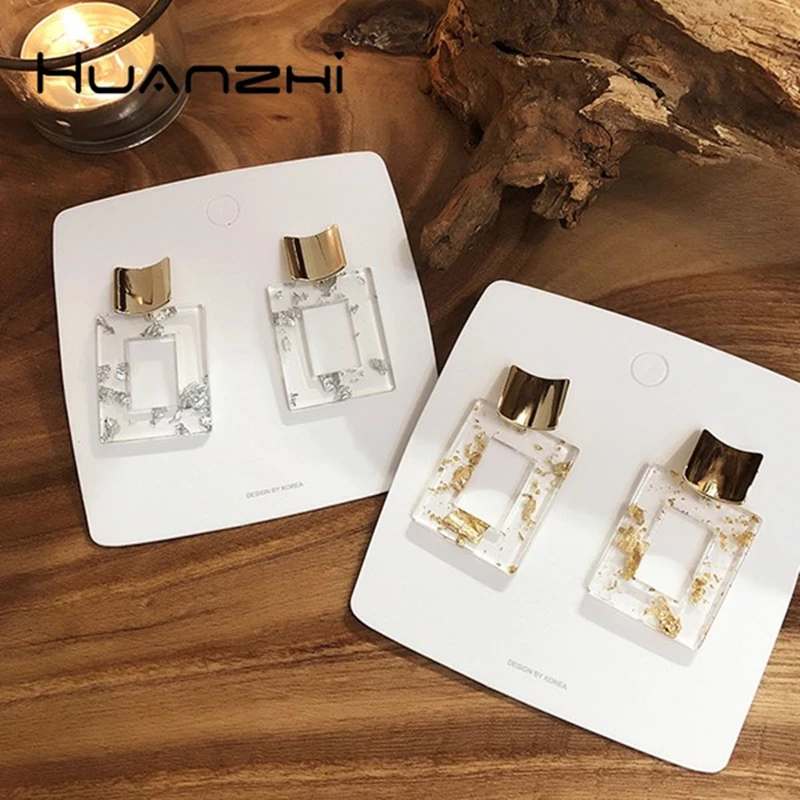 HUANZHI 2019 Gold Foil Luxury Rectangle Hollow Golden Geometric Transparent Elegant Drop Earrings for Women Party Holiday Girl | Украшения