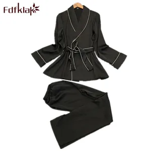 Пижама Fdfklak Женская шелковая, пижама для сна, пижама черного и темно-синего цвета, домашняя одежда, Q1269, весна-лето