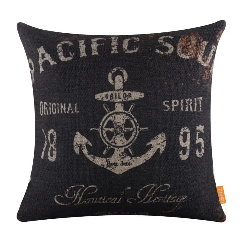 

LINKWELL 45x45cm Rustic Black Anchor Sea Marine Nautical Linen Cushion Covers Pillowcase Decoration Pacific Soul Original Spirit