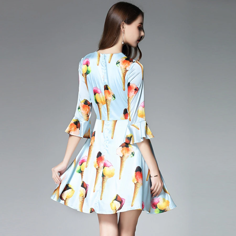 

Customized Women's Summer Autumn Half Flare Sleeve Designer Ice Cream Print Fashion Dress Ladies Cute A-Line Dresses Vestido