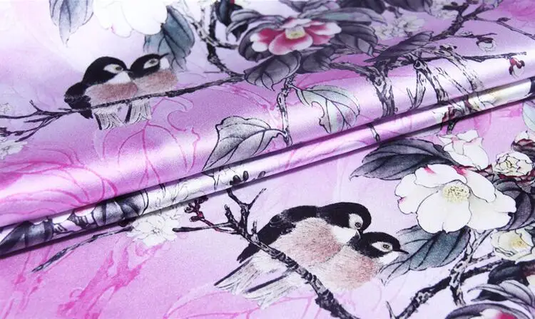 

free delivery! Digital Printing orioles stretch silk fabrics at wholesale high-grade silk clothing cloth