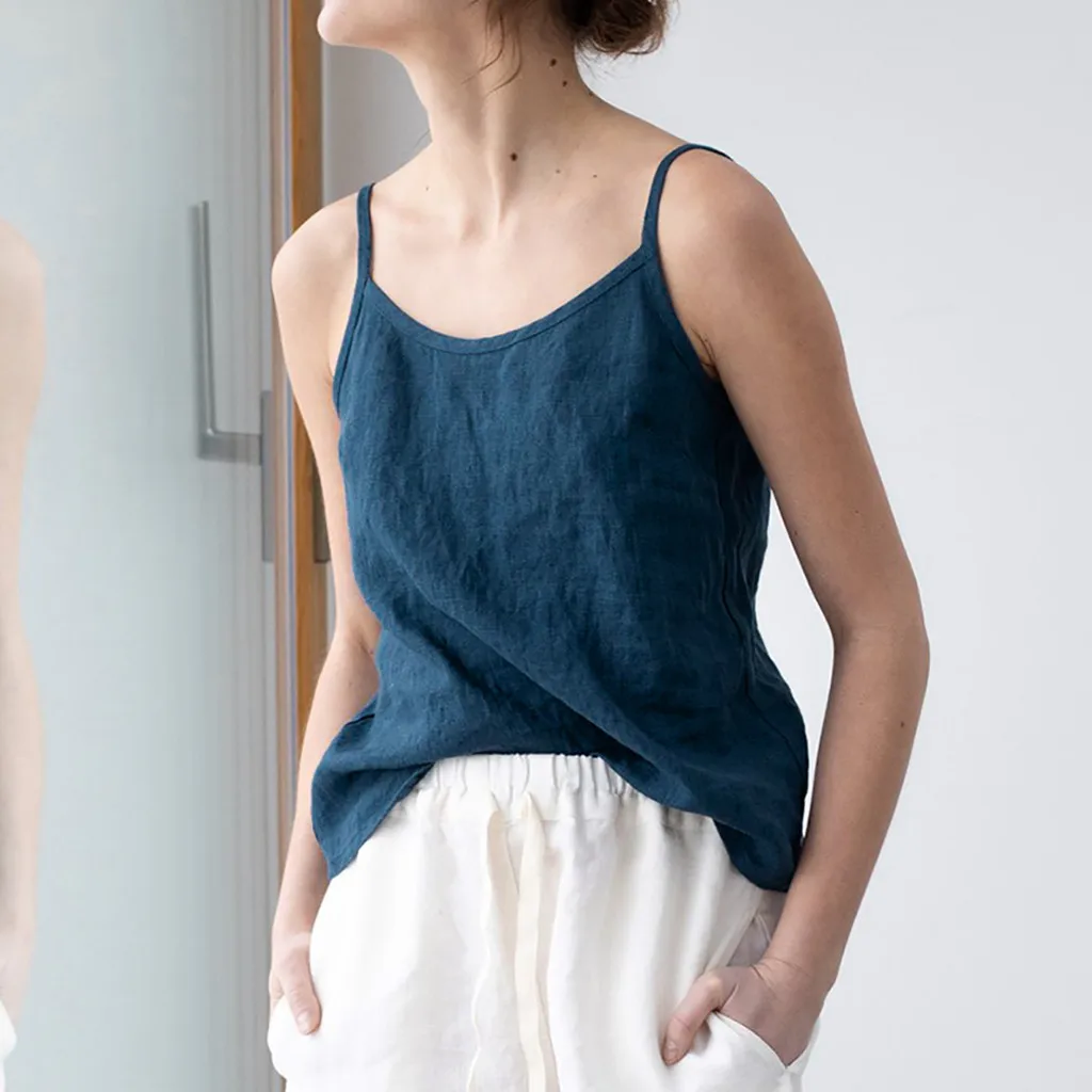 Летняя модная льняная блузка на бретельках повседневная женская футболка