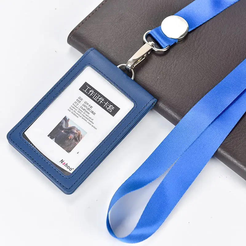 Blue NAHOO Подлинная кожа Id Чехол держатель карточек для бизнеса со шнурок для ожерелья логотип настроить печать компании поставки - Цвет: Blue