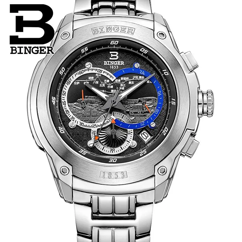 

Switzerland watches men luxury brand clock BINGER Quartz men's watch full stainless steel Chronograph Diver glowwatch B6013-3