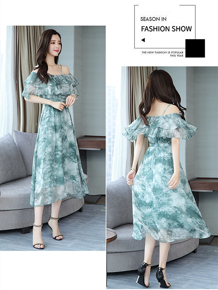 Шифоновое платье на подтяжках для женщин Новинка лета 2019 с эластичной резинкой