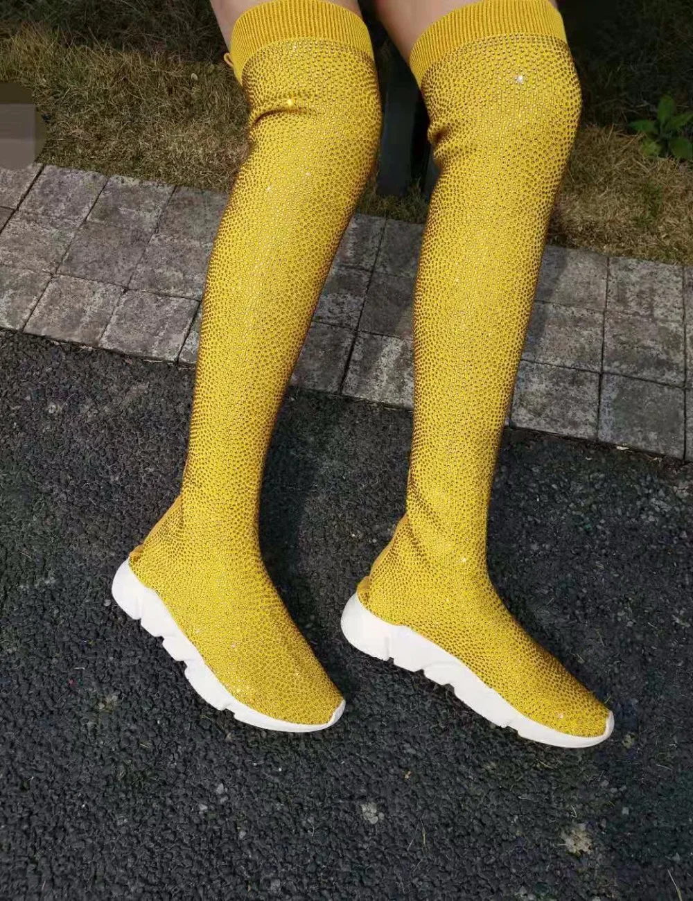 

Crystals Knitting Sock Boots Sport Flat Handmade Fall Winter All Over Sock Sneakers Thigh High Botas Man Shose Woman Sport Shoes