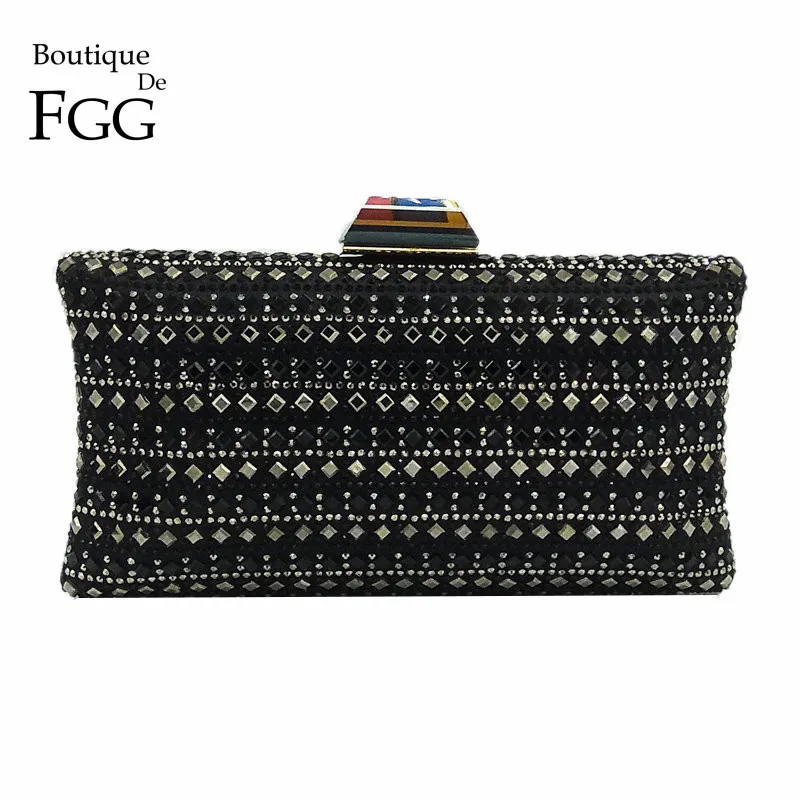 Boutique De FGG винтажный женский черный сатиновый клатч с кристаллами и заклепками