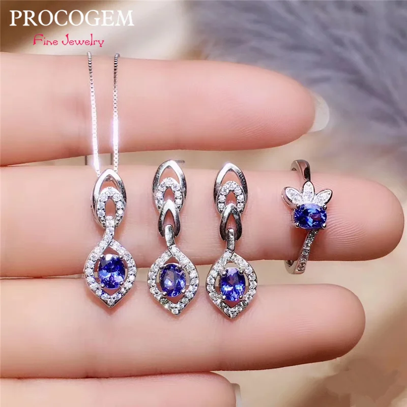 PROCOGEM натуральный Танзанит хорошее ювелирное изделие 4cs наборы для женщин вечерние ожерелье для подарков кольцо серьги настоящие драгоценные камни 925 пробы серебро#636