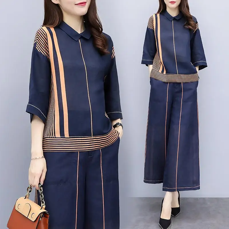 Стильный Conjunto Feminino летний женский костюм полосатый сшитый Женский костюм комплект из двух предметов Ensemble Femme Deux Pieces - Цвет: as photo