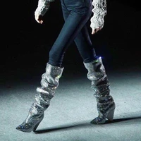 luxury crystal embellished women knee high boots sexy cone heel boots slip on ladies rhinestone boots runway shoes winter