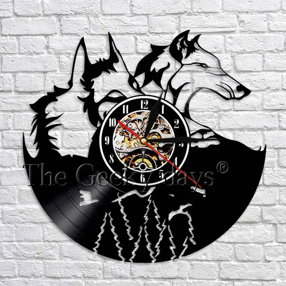 Wolf Wall Art Виниловые часы для записей Волчья портретная голова Волка лазерный Резной декор настенные часы животные волчьи клыки часы с большим ртом