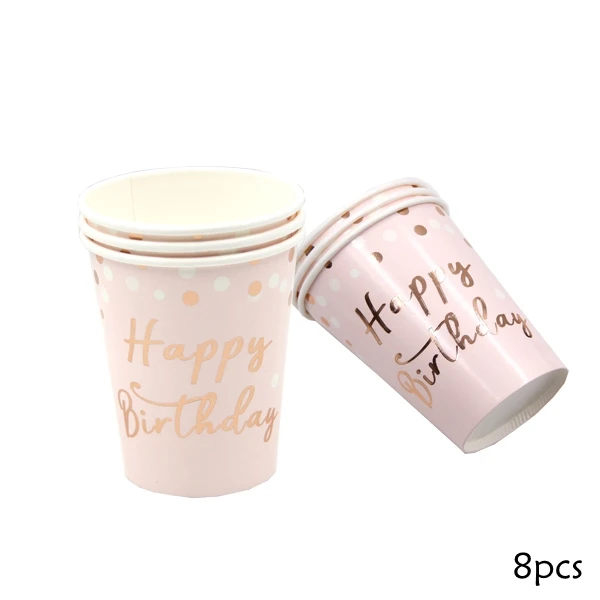 8pcs cup 1 Набор розовых серий с днем рождения, одноразовые столовые приборы, позолоченные бумажные соломинки/салфетки/чашки/тарелки для детей, украшения на день рождения - Цвет: 8pcs cup