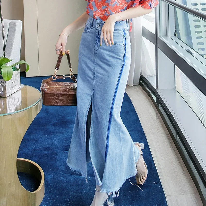 Бесплатная доставка новинка 2021 модная длинная джинсовая юбка макси с рыбьим