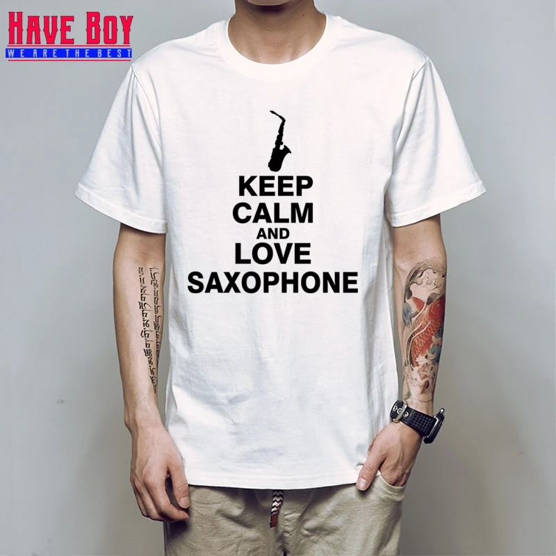 У мальчика Для мужчин футболка новые саксофон хлопок короткий рукав Keep Calm And Love