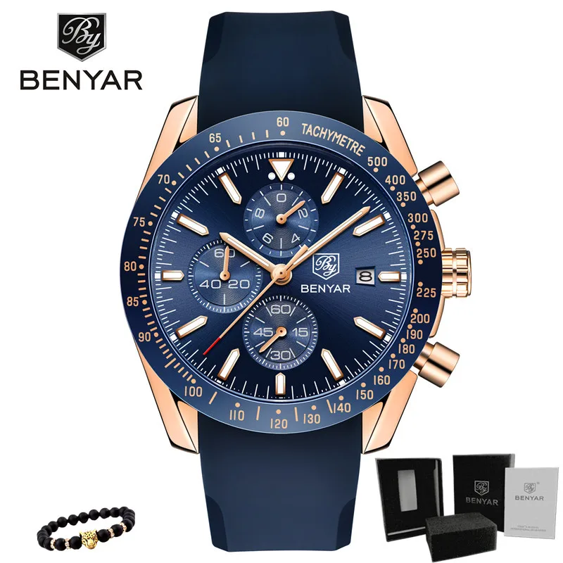 5140-Rose blue Relogio Masculino BENYAR новые мужские часы Лидирующий бренд Роскошные силиконовые водонепроницаемые спортивные кварцевые часы с хронографом военные часы мужские часы - Цвет: 5140-Rose blue
