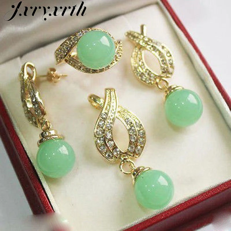

New Women's 12mm Green Pendant Necklace Earrings Ring Set AA1480