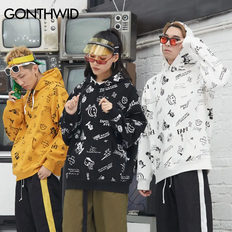 GONTHWID Harajuku Graffiti 2018 Autumn Winter Fleece Hoodies Mens Casual Hooded Sweatshirts Streetwear Male Hip Hop Hoodie Tops | Мужская