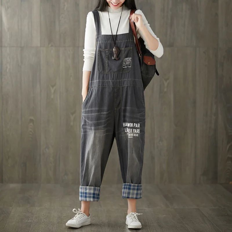 

Women Casual Cotton Jeans Female Simple Japanese Retro Printed Letter Personality Jumpsuits for Women