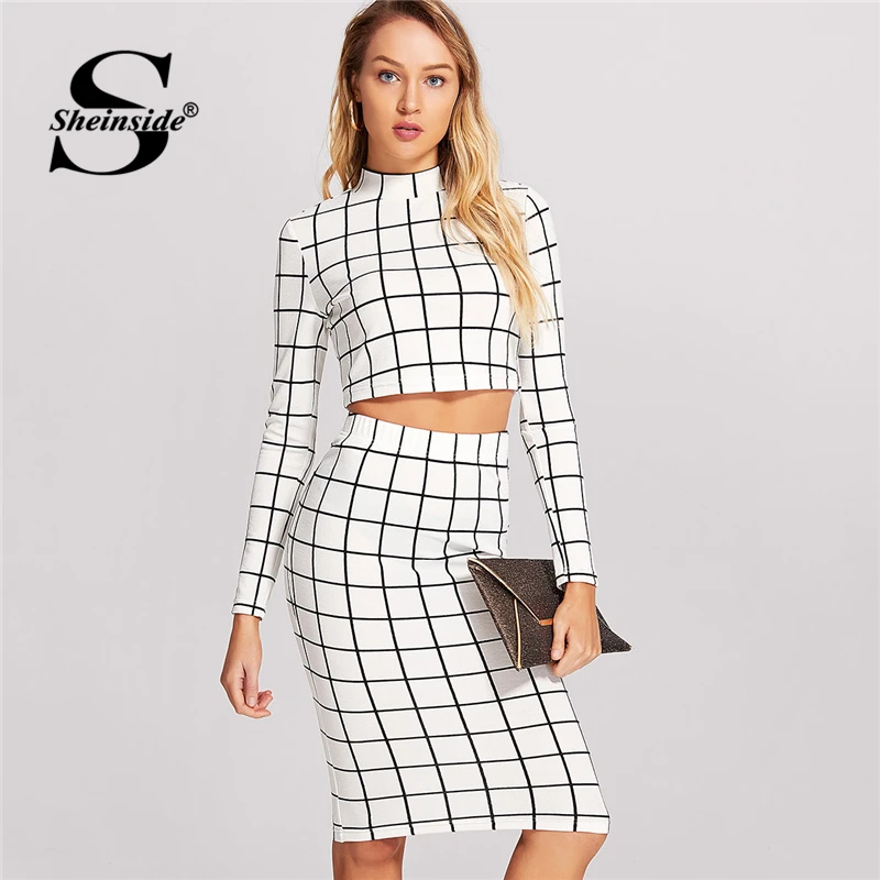 Sheinside черный и белый клетчатый офисный женский короткий топ с длинным рукавом и юбка-карандаш клетчатый женский комплект 2 шт. комплект из двух предметов