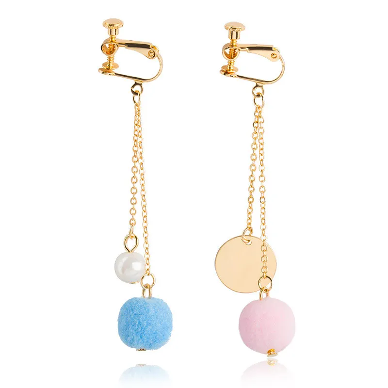 

2 Colors Pink Blue Flannel Ball Simulated Pearl Double Chains Pendant Clips & Hook Women Drop Earrings Golden Dangle Earrings