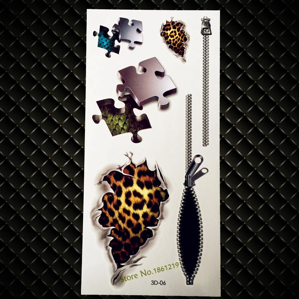 

New Fashion Body Art 3D Tattoo Puzzle Wound Leopard Print Zipper Design Fake Tattoo Men Women Waterproof Temporary Stickers G3D6
