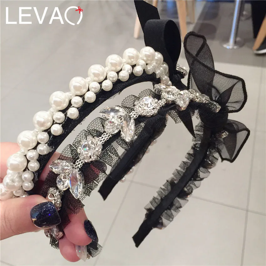 LEVAO Изысканная Роскошная жемчужная Хрустальная лента для волос широкая повязка на голову для женщин кружевной бант для волос завязанный обруч для волос ободок аксессуары для волос