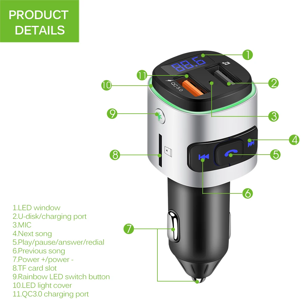 Onever fm-передатчик QC 3,0 зарядное устройство AUX модулятор Bluetooth 4,2 беспроводной автомобильный Радио адаптер TF USB MP3 плеер с окружающим светильник