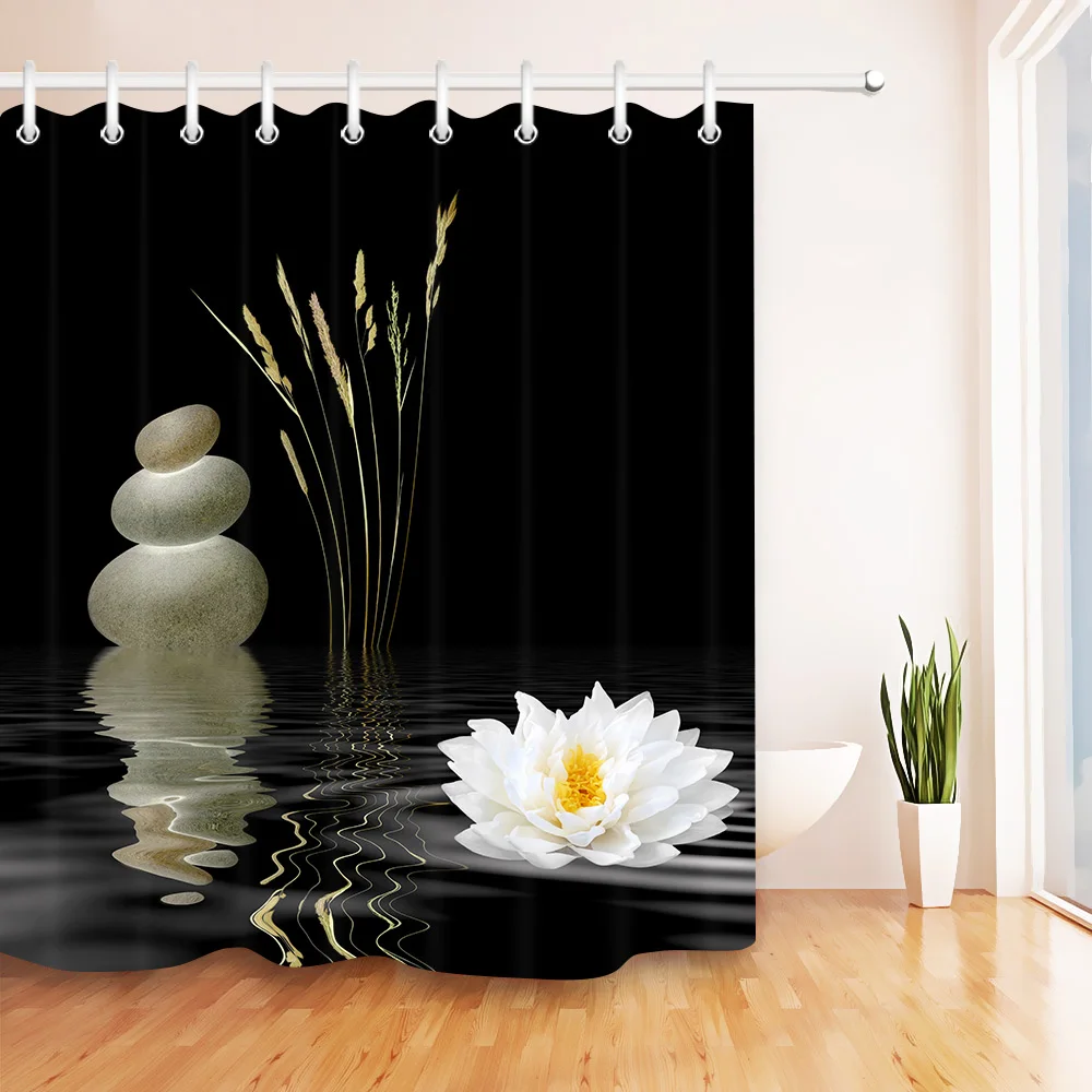 

Zen Stone Shower Curtain Bamboo Stone Asian Lotus Flower Spa Bathroom Curtains Waterproof Polyester Fabric For Bathtub Decor